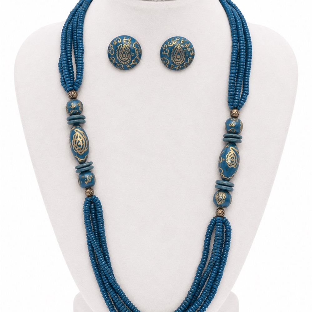 Blue Multi-Strand Beaded Necklace & Earring Set